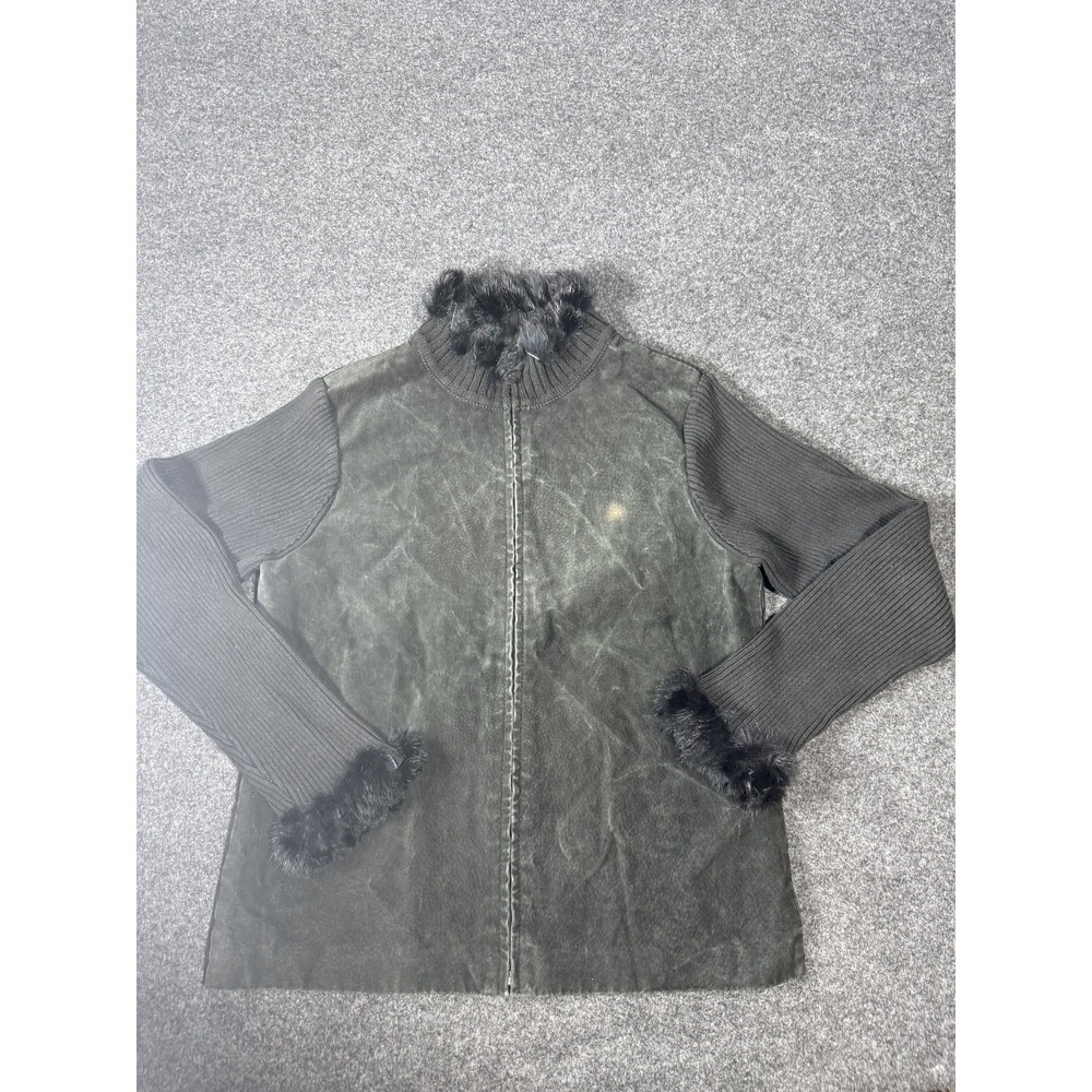 Escapade Fitted Black Suede Jacket Faux Fur Trim Zip Large Grunge Y2K